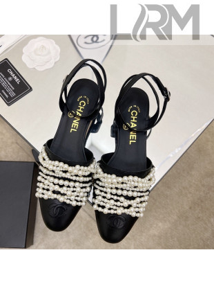 Chanel Lambskin Pearl Bead Charm Sandals 2cm Black 2022