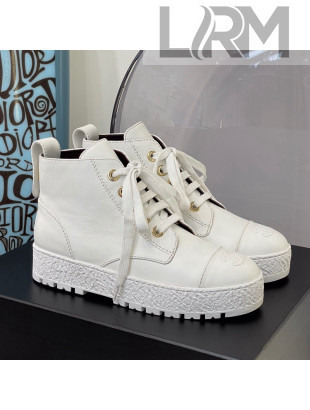 Chanel Calfskin Laced Ankle Boot with Back Buckle White 2021