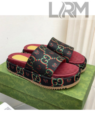 Gucci 100 GG Flower Jacquard Platform Slide Sandals Black 2021 63