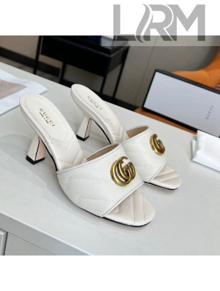 Gucci Diagonal Leather Medium Heel Slide Sandals with Double G White 2022 