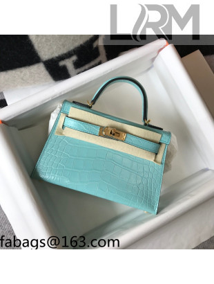 Hermes Kelly Mini Bag 19cm in Crocodile Embossed Calf Leather Macaron Blue/Gold 2021 