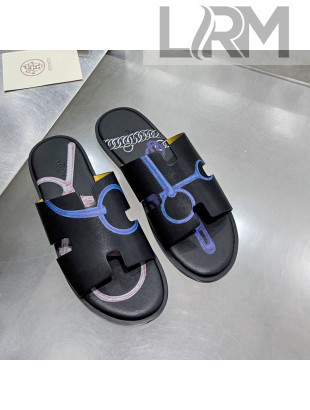 Hermes Men's Izmir Print Leather Flat Slide Sandals Black/Blue 2021 27