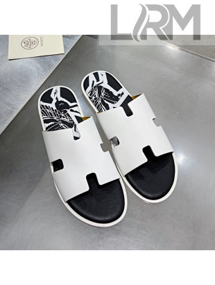 Hermes Men's Izmir Print Leather Flat Slide Sandals White/Black 2021 29