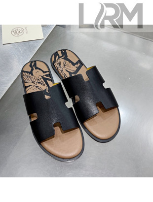 Hermes Men's Izmir Print Leather Flat Slide Sandals Black/Brown 2021 30