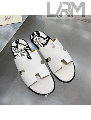 Hermes Men's Izmir Print Leather Flat Slide Sandals White/Black 2021 31