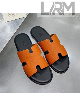Hermes Men's Izmir Litchi-Grained Leather Flat Slide Sandals Orange/Black 2021 37