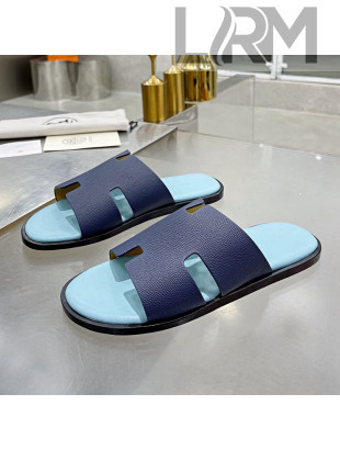 Hermes Men's Izmir Palm-Grained Leather Flat Slide Sandals Dark Blue/Light Blue 2021 42