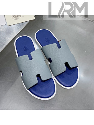 Hermes Men's Izmir Palm-Grained Leather Flat Slide Sandals Light Grey/Sky Blue 2021 44