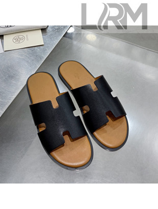 Hermes Men's Izmir Smooth Leather Flat Slide Sandals Black/Brown 2021 45