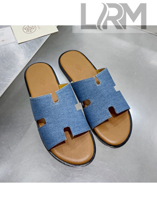 Hermes Men's Izmir Denim Flat Slide Sandals Blue/Brown Leather 2021 46
