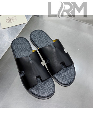 Hermes Men's Izmir Smooth Leather Flat Slide Sandals Black/Grey 2021 48