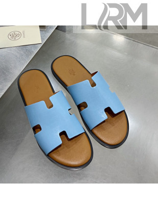 Hermes Men's Izmir Smooth Leather Flat Slide Sandals Light Blue/Brown 2021 50
