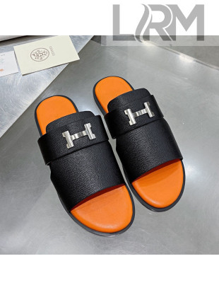Hermes Men's Arles Grained Leather Flat Slide Sandals Black/Orange 2021 51