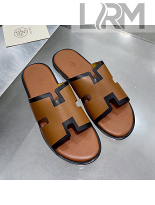 Hermes Men's Izmir Smooth Leather Flat Slide Sandals Brown/Black 2021 52