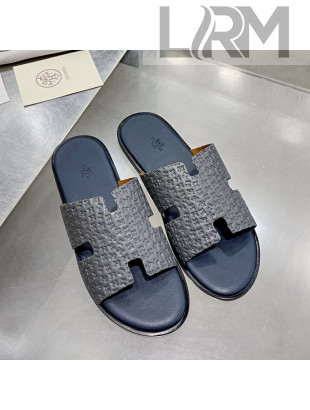 Hermes Men's Izmir H-Embossed Leather Flat Slide Sandals Grey 2021 53