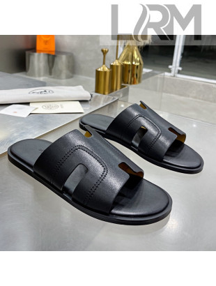 Hermes Men's Izmir Stitching Leather Flat Slide Sandals All Black 2021 54
