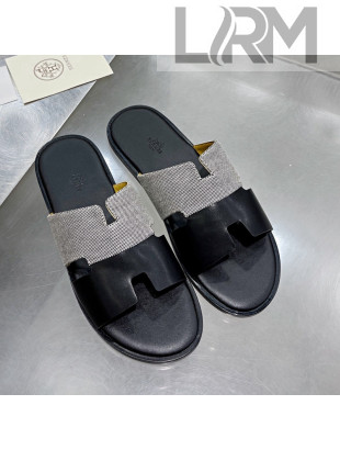Hermes Men's Izmir Patchwork Flat Slide Sandals Black Leather/Grey Canvas 2021 58