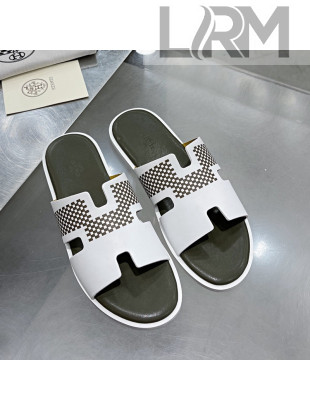 Hermes Men's Izmir Print Leather Flat Slide Sandals White/Green 2021 21