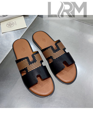Hermes Men's Izmir Print Leather Flat Slide Sandals Black/Brown 2021 22