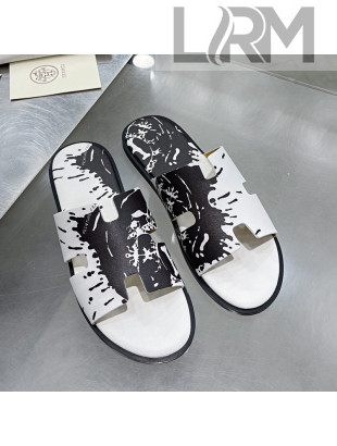 Hermes Men's Izmir Print Leather Flat Slide Sandals White/Black 2021 23