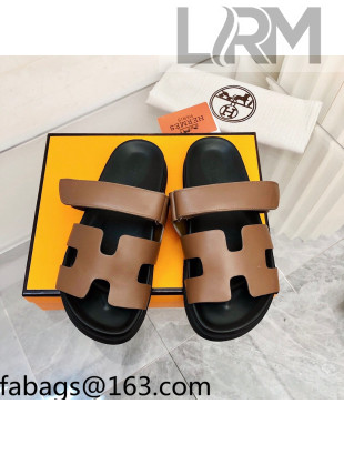 Hermes Chypre Calfskin Flat Slide Sandals Brown/Black 2022 