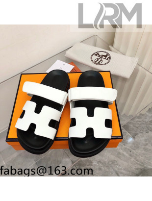 Hermes Chypre Calfskin Flat Slide Sandals White/Black 2022 09