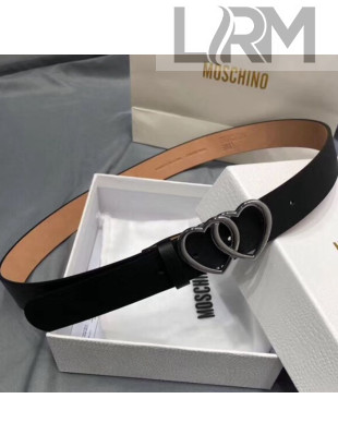 Moschino Love Leather Belt with Double Hearts Buckle 30mm Black 2019
