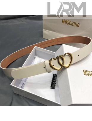 Moschino Love Leather Belt with Double Hearts Buckle 30mm White 2019
