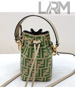 Fendi Mon Tresor Mini FF Leather Bucket Bag Beige/Green 2020
