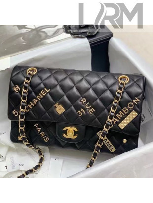 Chanel Calfskin Medium Flap Bag with Emblem Charm Black 2021
