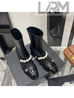 Chanel Pearl Charm Calfskin Short Boots Black 2021