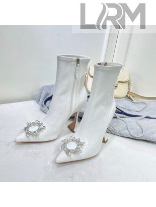 Amina Muaddi Patent Leather Short Boots with Crystal Buckle White 2021 17