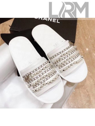 Chanel Lambskin Chains & Pearls Flat Mules Sandals White 2020