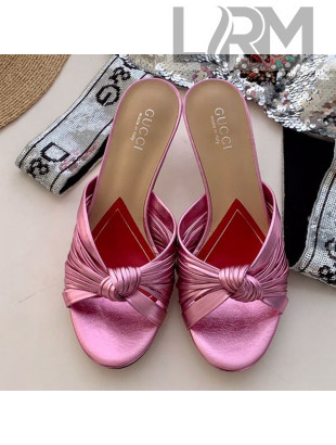 Gucci Twist Knot Metallic Leather Mid-Heel Slide Sandal 577229 Pink 2019