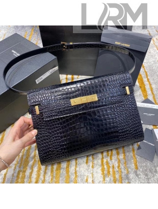 Saint Laurent Manhattan Shoulder Bag in Crocodile Embossed Shiny Leather 579271 Black/Gold 2020