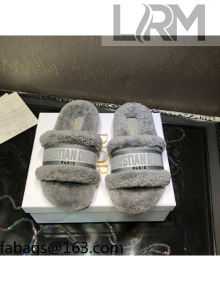 Dior Dway Flat Slide Sandals in Grey Embroidered Cotton and Shearling 2021 08
