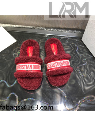 Dior Dway Flat Slide Sandals in Dark Red Embroidered Cotton and Shearling 2021