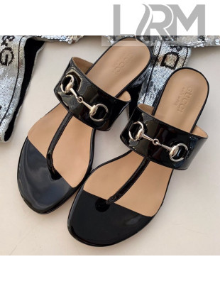 Gucci Horsebit Patent Leather Flat Thong Sandal Black 2019