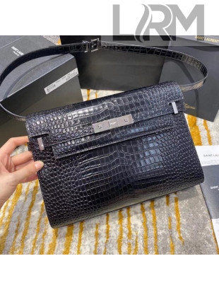 Saint Laurent Manhattan Shoulder Bag in Crocodile Embossed Shiny Leather 579271 Black/Silver 2020