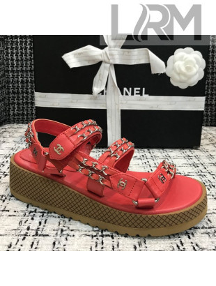 Chanel Chain Flat Sandals CCFS001 Red 2021