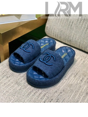 Chanel Towel Platform Flat Slide Sandals G36901 Navy Blue 2021