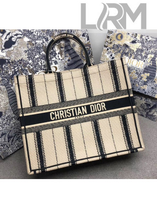 Dior Large Book Tote with Stripes Embroidery Beige/Black 2020