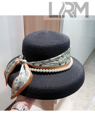 Gucci Straw Bucket Hat with Pearl and Silk Band Black 2021
