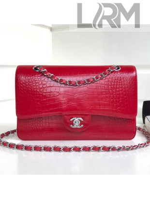 Chanel Calfskin Alligator Classic Medium Double Flap Bag Red 2018