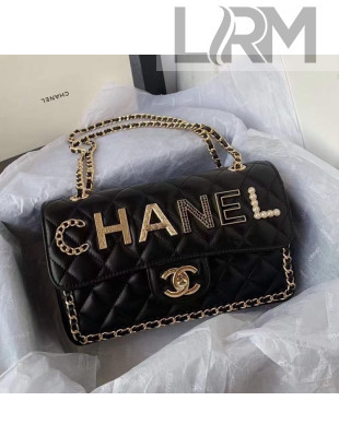 Chanel Quilted Leather Flap Bag with Lettering and Chain Charm Black 2021