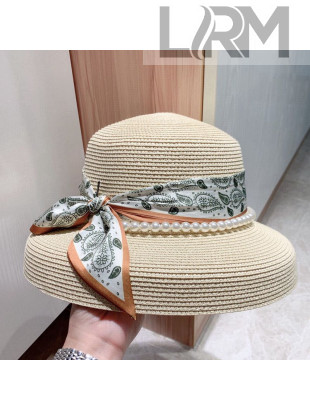 Gucci Straw Bucket Hat with Pearl and Silk Band Beige 2021