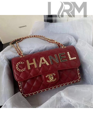 Chanel Quilted Leather Flap Bag with Lettering and Chain Charm Burgundy 2021