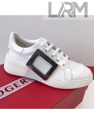 Roger Vivier Viv' Skate Calfskin Buckle Sneakers White/Grey 2019