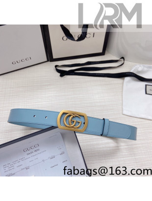 Gucci Leather Belt 3cm with Framed GG Buckle Light Blue 2021 92