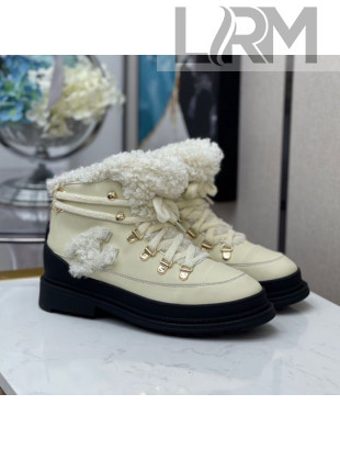 Chanel Calfskin Wool Lace-up Flat Short Boots G35376 White 2020